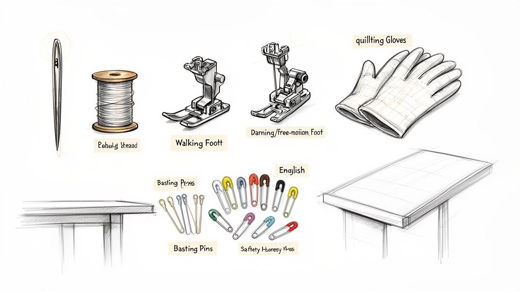 A collection of essential sewing and quilting tools including needles, thread, presser feet, gloves, and pins.