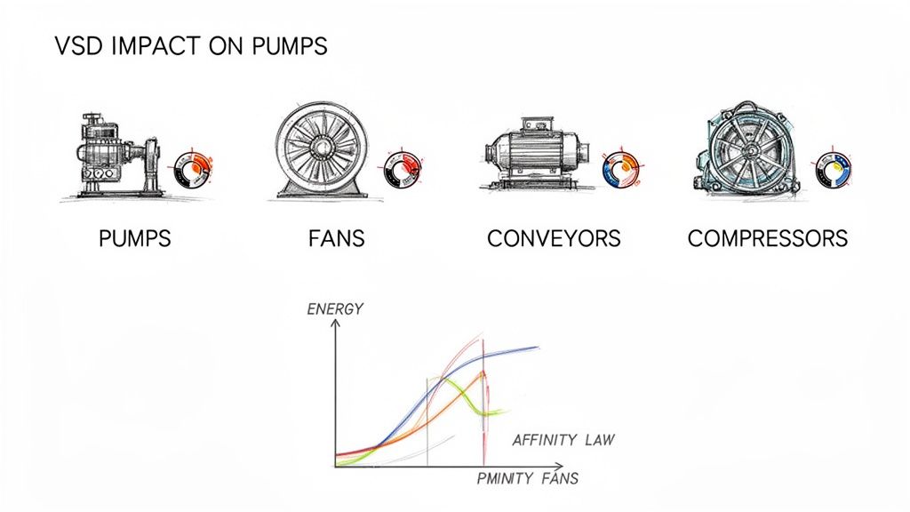 Illustration showing VSD impact on pumps, fans, conveyors, compressors, and an energy consumption graph.