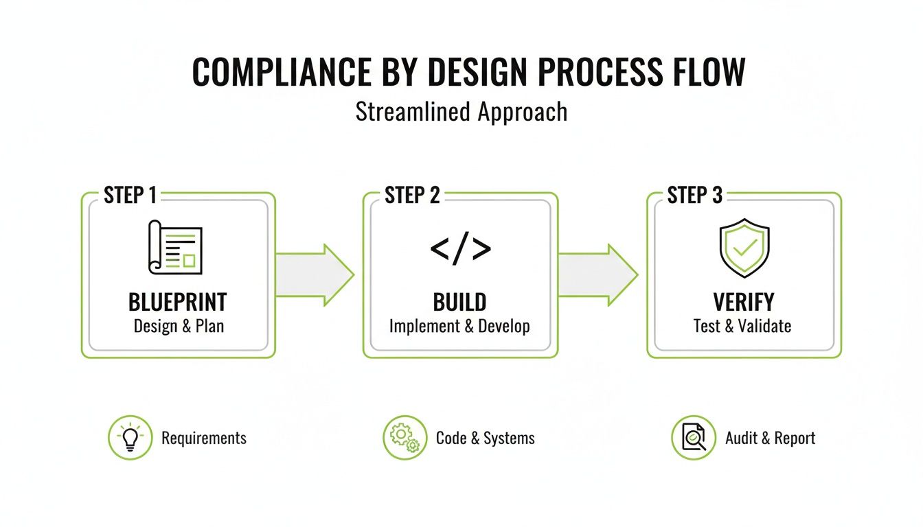 A three-step streamlined compliance by design process flow: Blueprint, Build, and Verify.