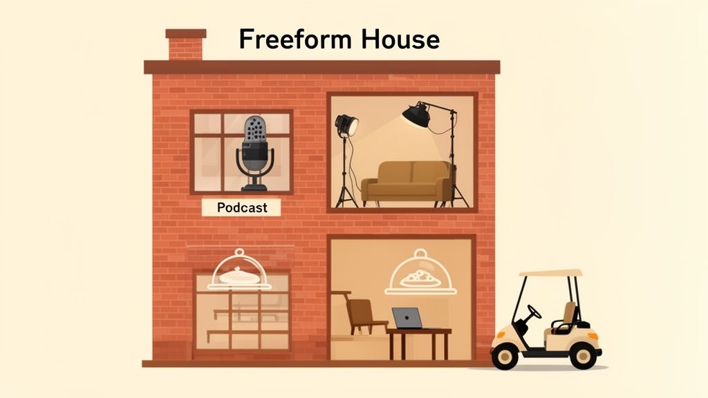 An illustration of a Freeform House with a podcast studio, filming set, workspace, and a golf cart.
