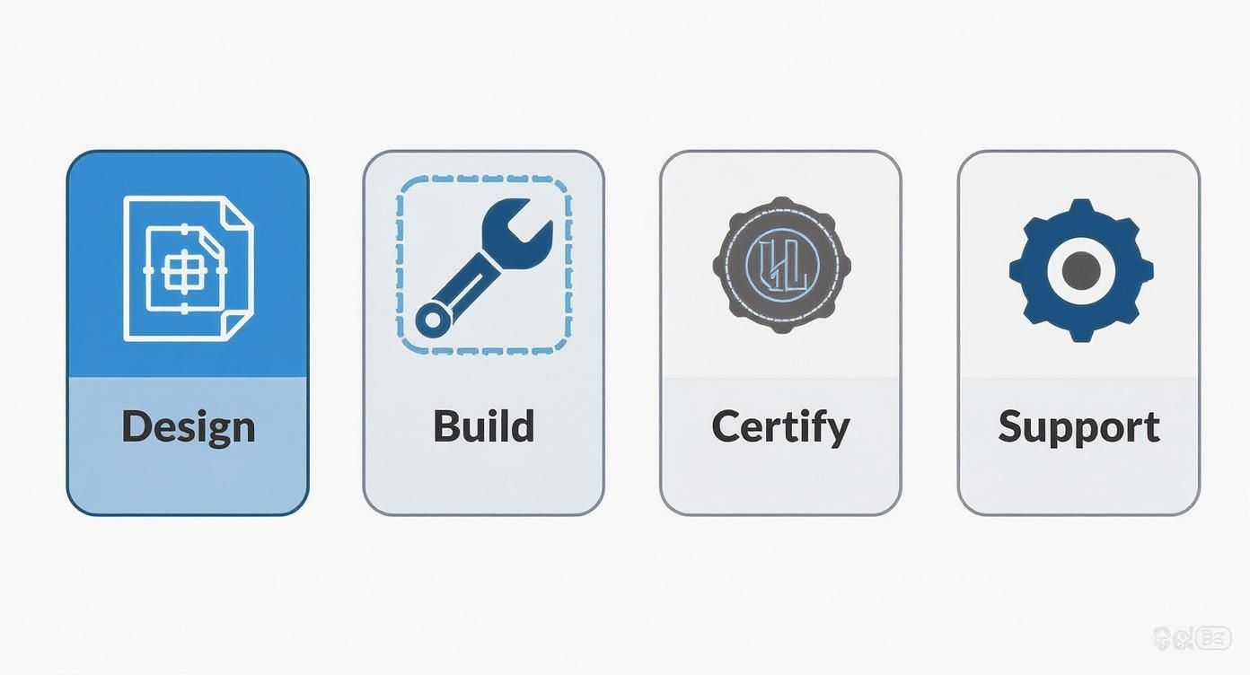 Four distinct steps of a service or product lifecycle: Design, Build, Certify, and Support, each with an icon.