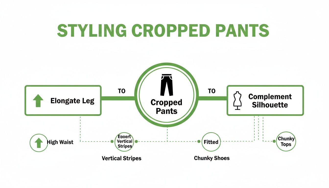 A visual guide explaining how to style cropped pants to elongate the leg and complement the silhouette.