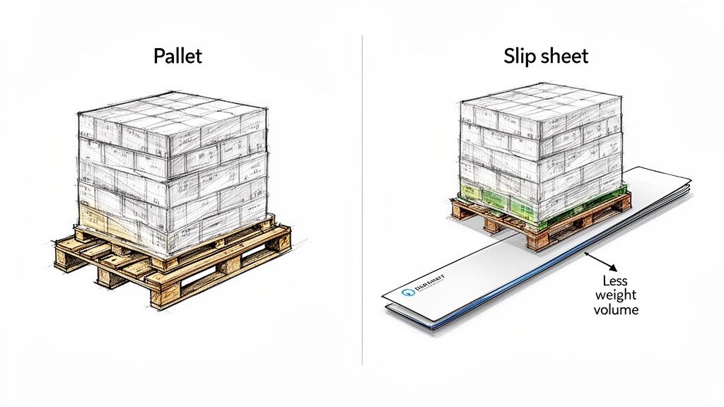Visual comparison showing stacked goods on a wooden pallet versus a thin slip sheet, highlighting volume reduction.