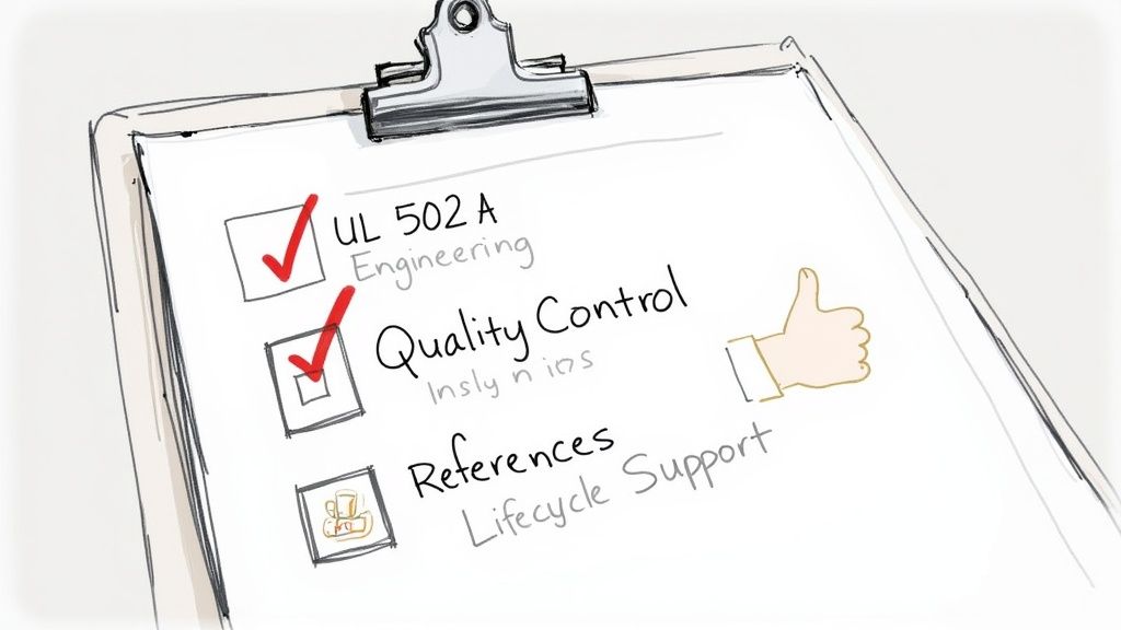 A checklist on a clipboard shows 'UL 502 A' and 'Quality Control' items checked.