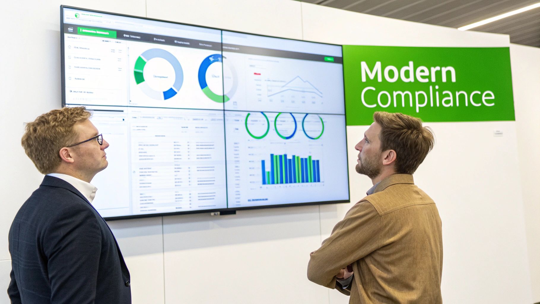 Two businessmen observing data on a large display with 'Modern Compliance' branding.