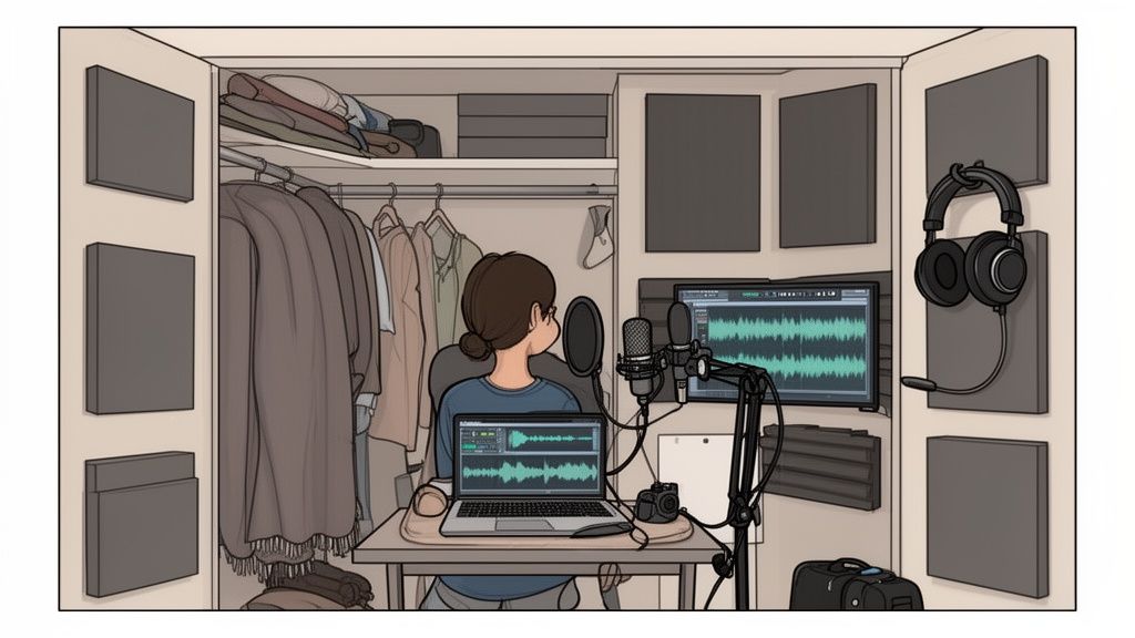 A person recording audio in a DIY home podcast studio set up inside a closet with a laptop.