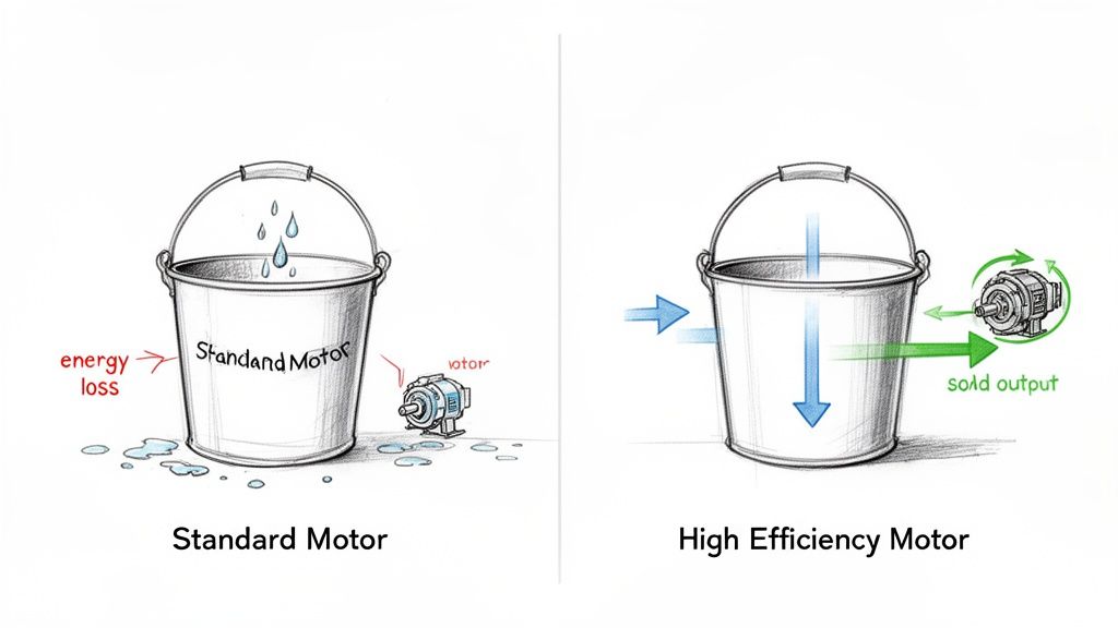 Visual comparison of standard and high-efficiency electric motors using a water bucket analogy.