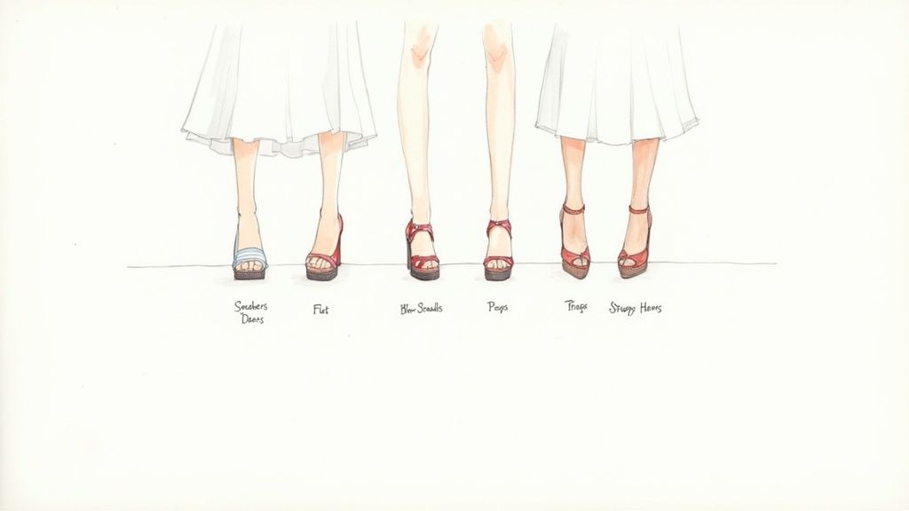 An illustration comparing various shoe types, including sneakers, flats, and different high heels, on women's legs.