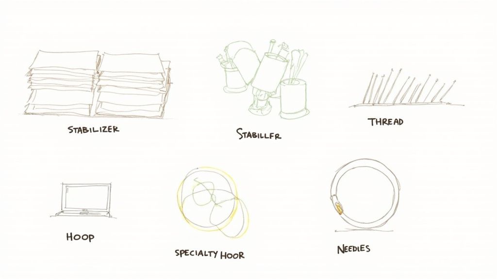 Line drawings illustrating essential embroidery machine supplies like stabilizers, threads, and hoops.