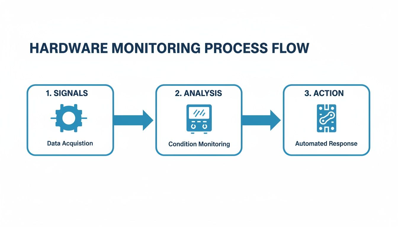 Flowchart depicting the three-step hardware monitoring process for industrial systems.