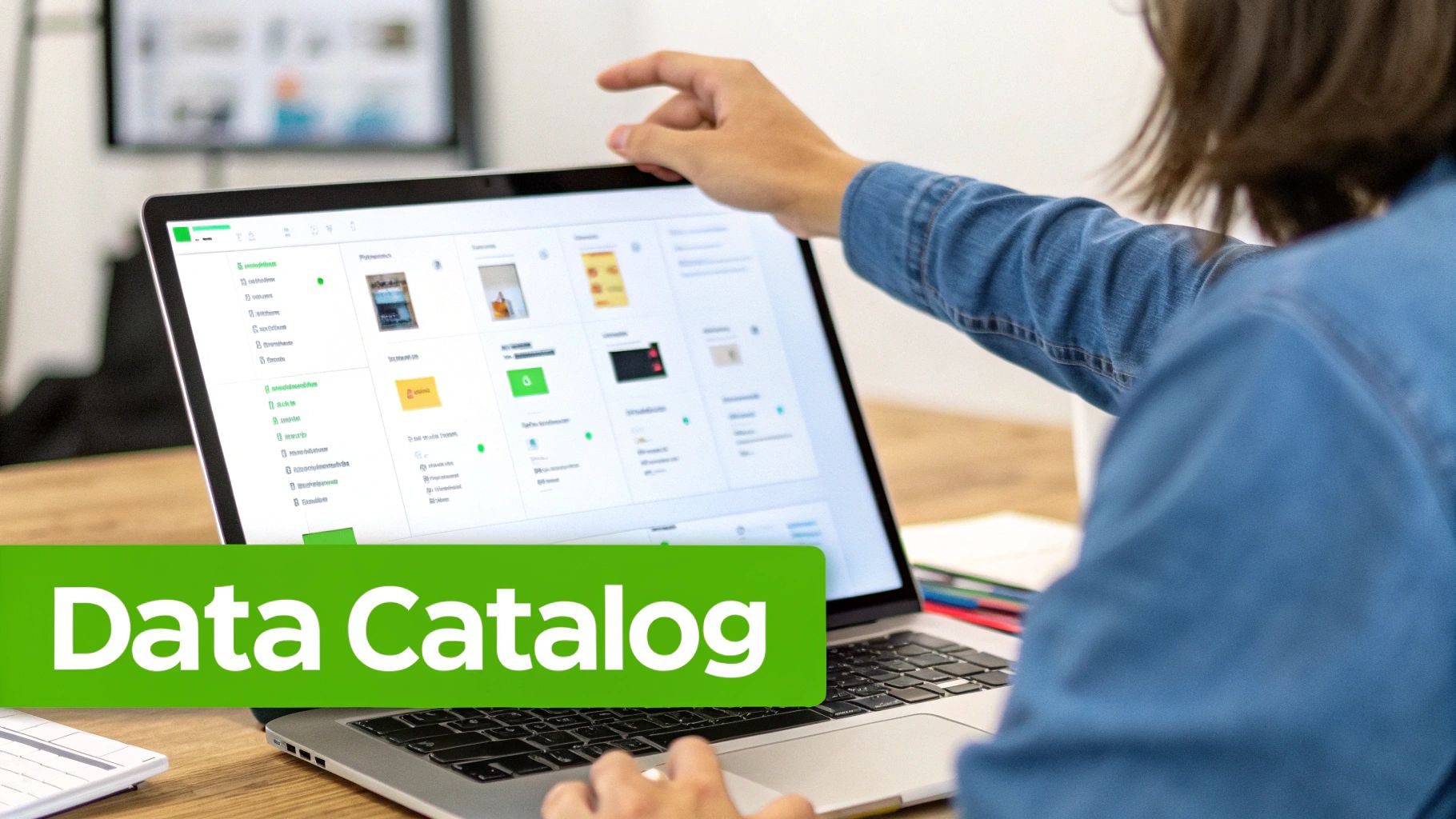 Person interacts with a laptop displaying a data catalog interface, with a prominent 'Data Catalog' banner.