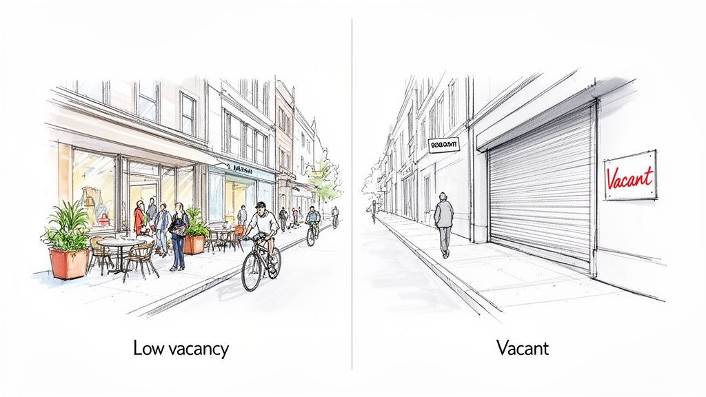 Two contrasting street scenes illustrate low commercial property vacancy versus a vacant shop.
