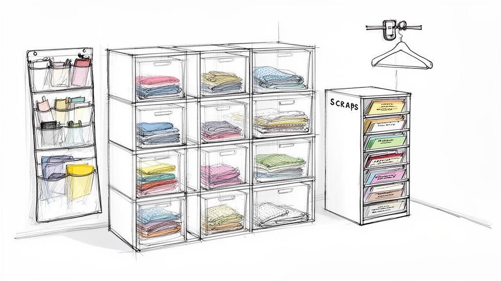 A detailed sketch illustrating creative fabric storage ideas with clear bins, a hanging organizer, and a scrap cabinet.