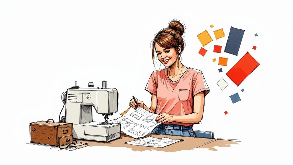 A person using a sewing machine with colorful threads in the background.