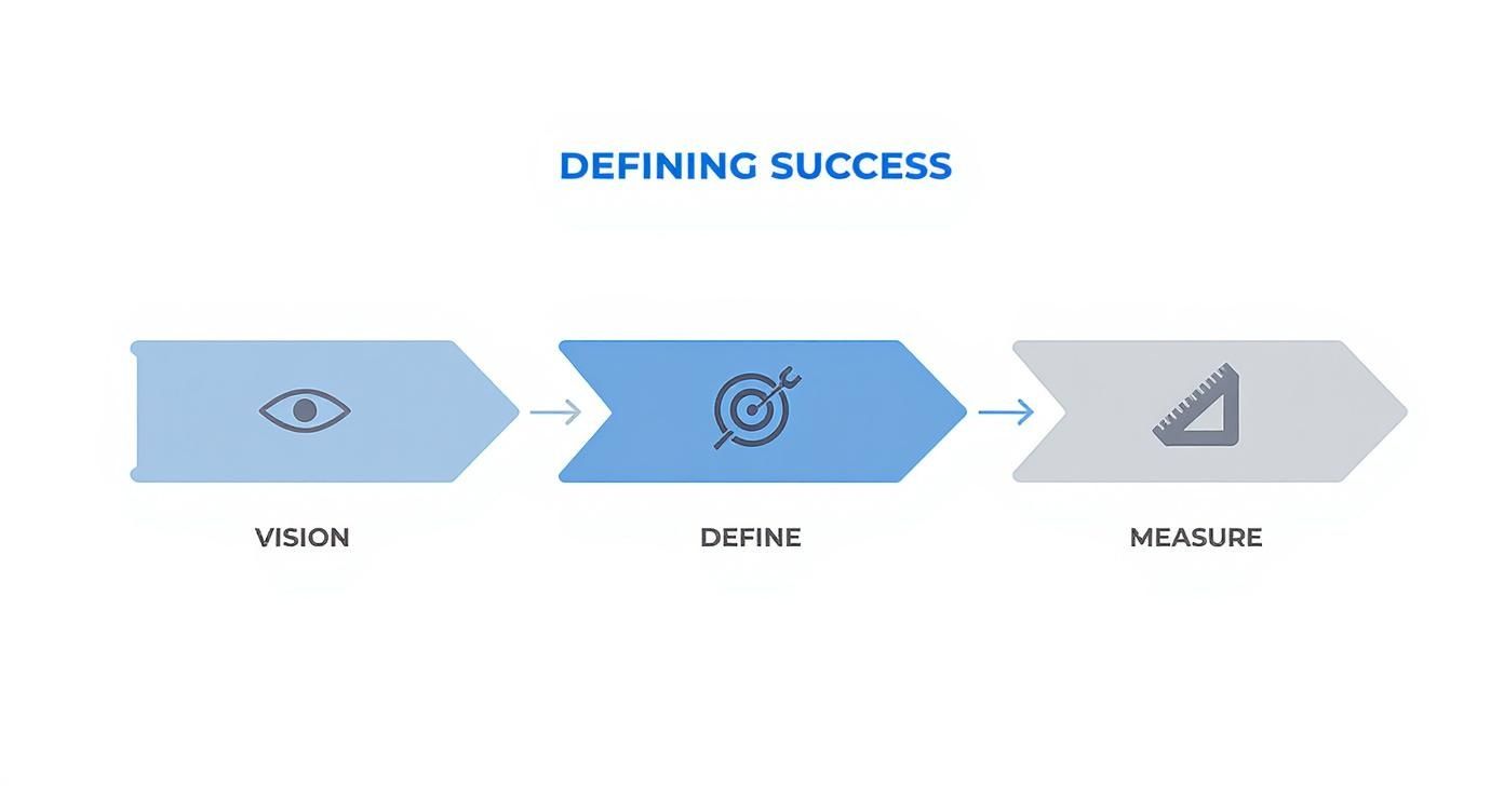 Three-step process diagram showing vision, define, and measure stages for defining business success