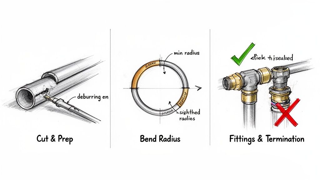 Illustrative guide demonstrating three essential steps for pipe installation: cutting, bending, and fitting connections.