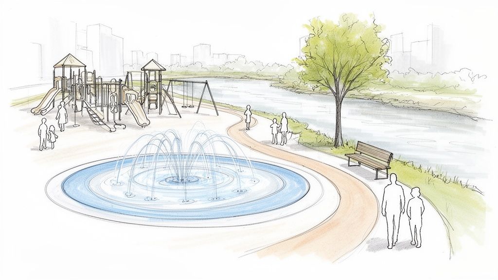 A vibrant park illustration showing a playground, fountain, walking path, river, and city skyline.