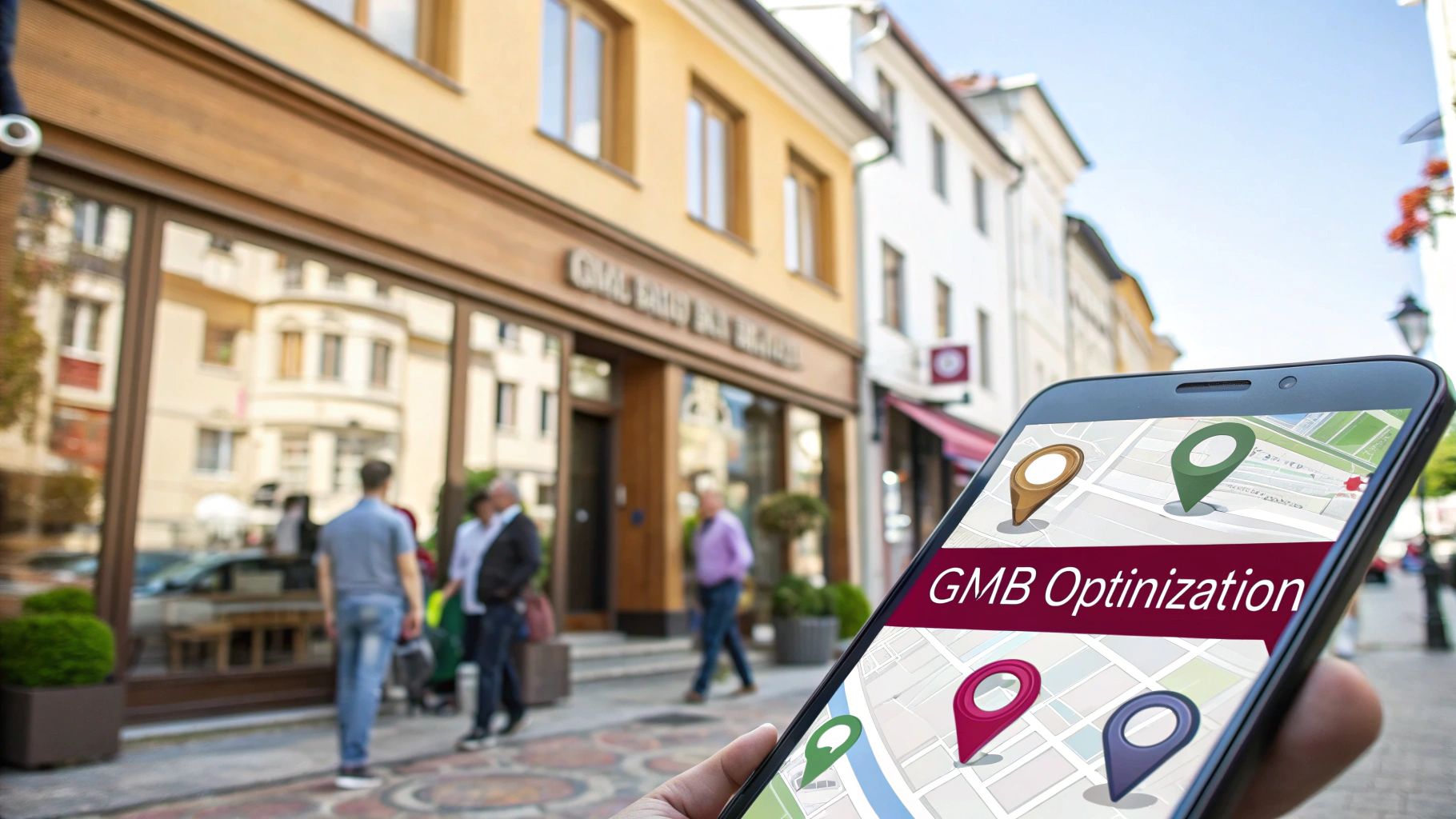 Phone displays "GMB Optimization" map app. Blurred Jenks Downtown street view with people walking by a building. Sunny day, modern setting.