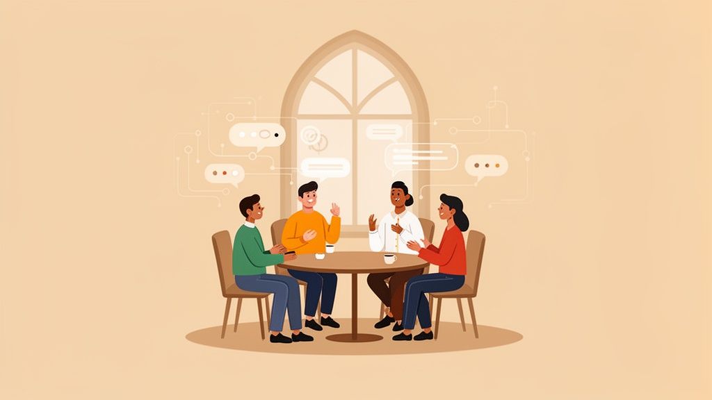 Photo of a diverse group discussing ideas around a table with communication bubbles.