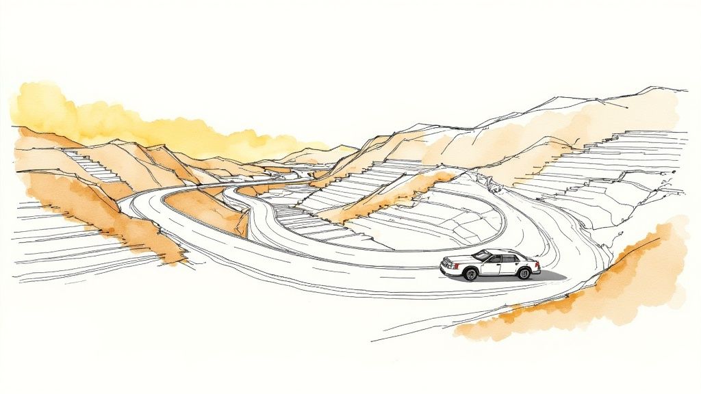 A watercolor sketch of a white car driving on a winding mountain road with terraced hillsides.