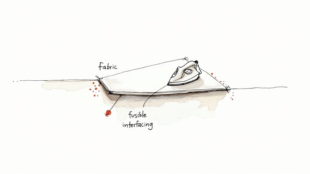 A person ironing fusible interfacing onto a piece of colorful fabric to add structure.
