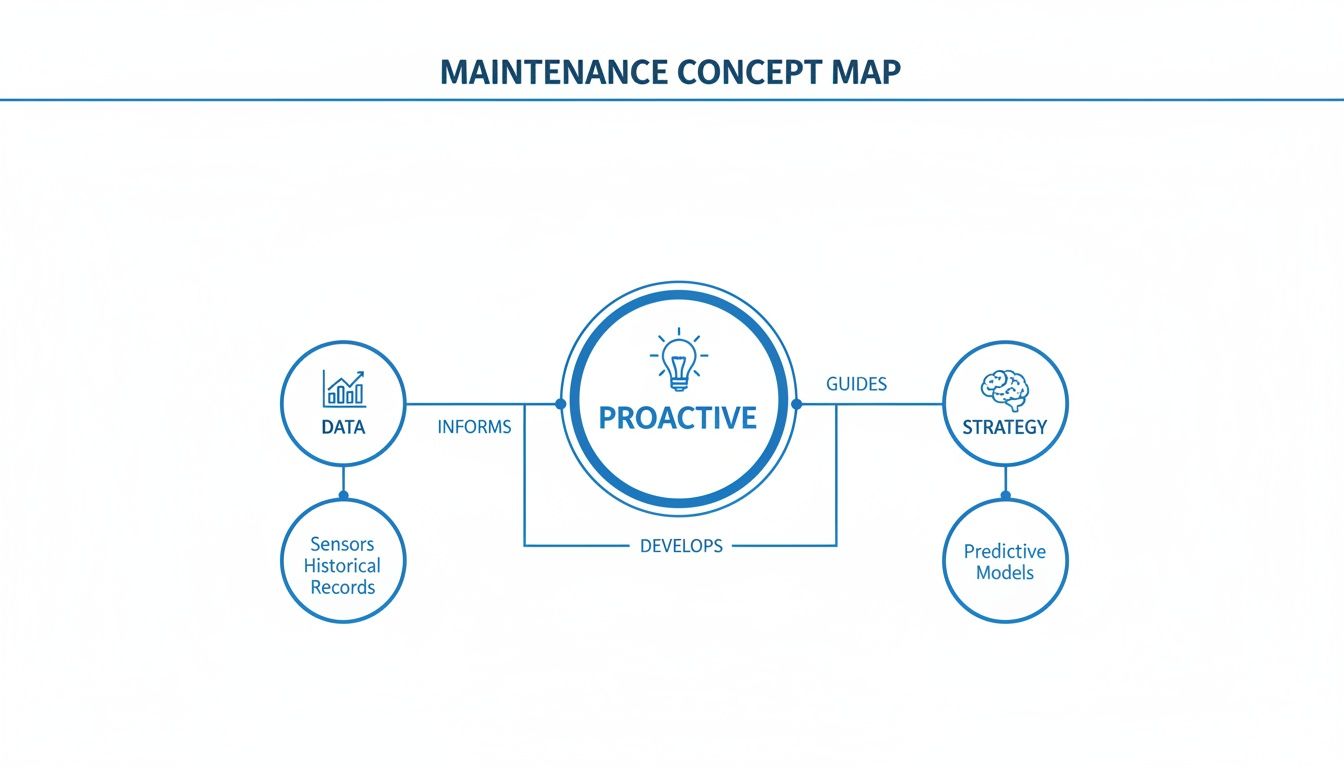 Concept map illustrating proactive maintenance, informed by data and guiding strategy through predictive models.