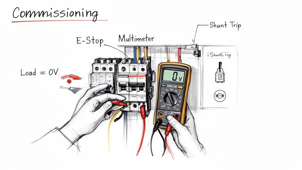 Hands performing electrical testing on a control panel with a multimeter displaying 0V during commissioning.