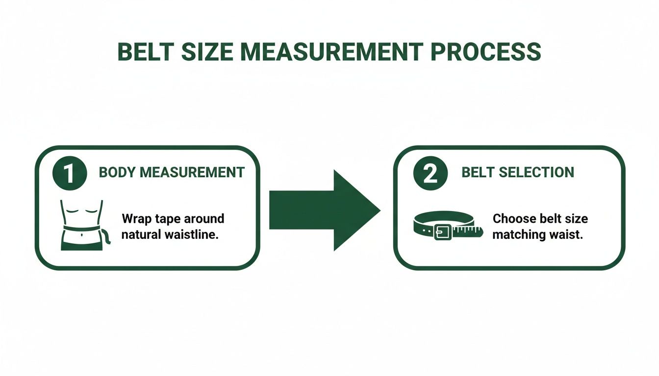 An illustration showing a two-step process for measuring belt size: body measurement and belt selection.