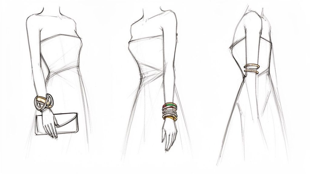 Fashion sketches showing three ways to accessorize a strapless dress with different arm jewelry.