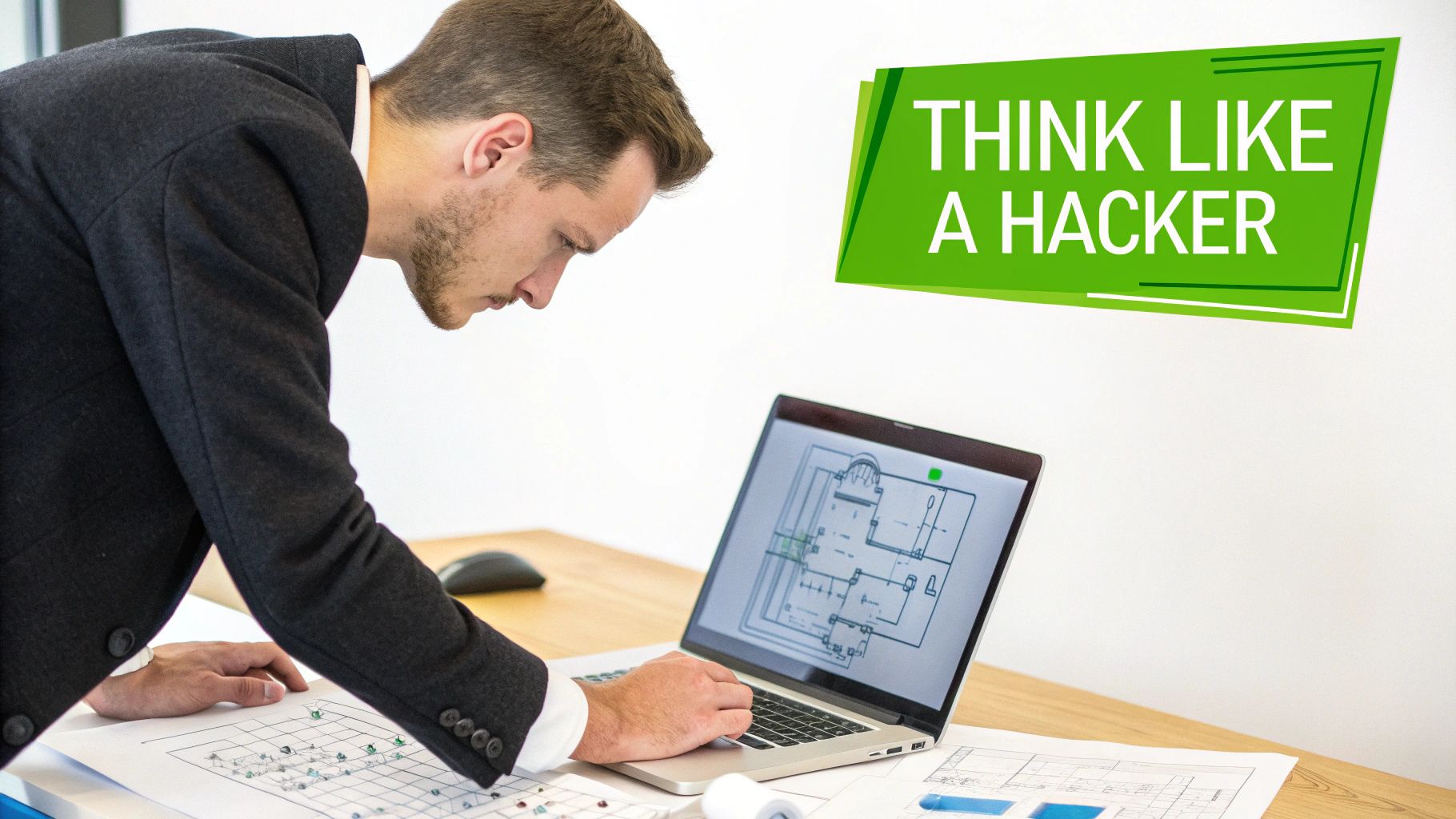 A focused man works on architectural plans with a laptop, beneath a 'Think Like a Hacker' banner.