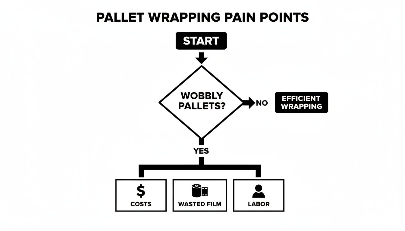 Flowchart illustrating pallet wrapping pain points: wobbly pallets lead to increased costs, wasted film, and labor.