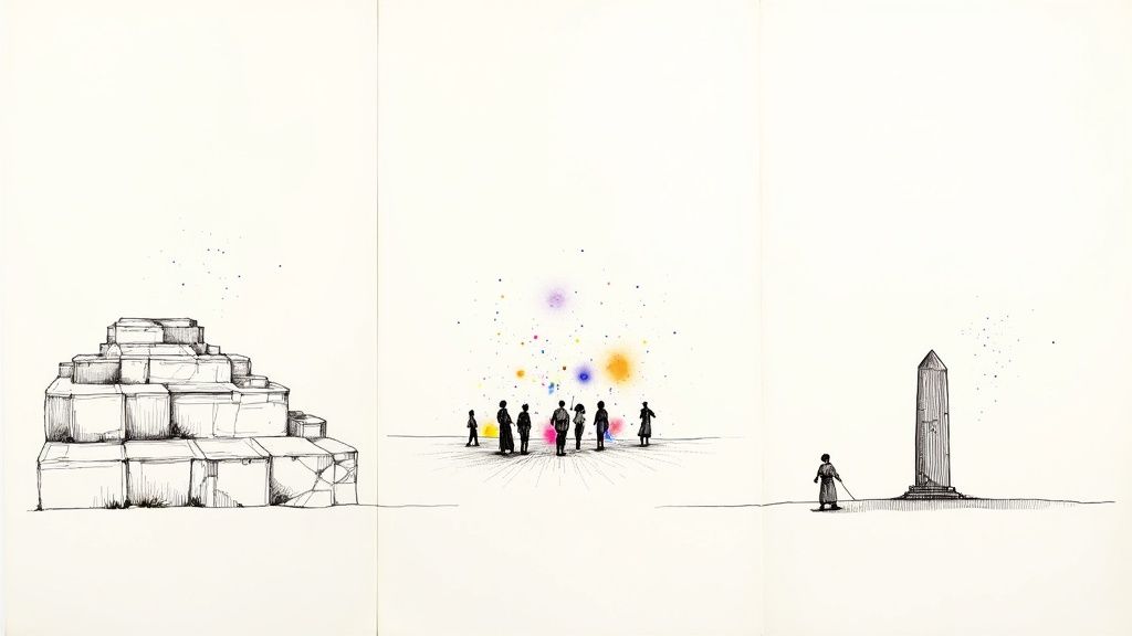 A triptych ink drawing showing a stepped pyramid, people under colorful light, and a person by an obelisk.