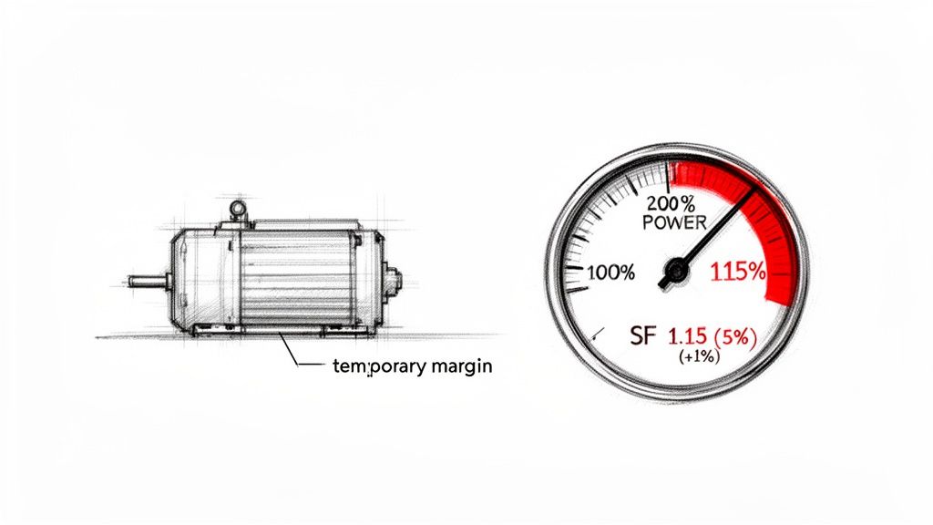 A technical drawing of an electric motor next to a gauge showing 115% power and a service factor of 1.15.