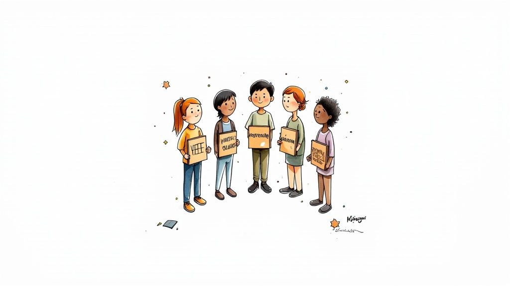 Five smiling children of diverse backgrounds stand in a circle, each holding a sign with text.