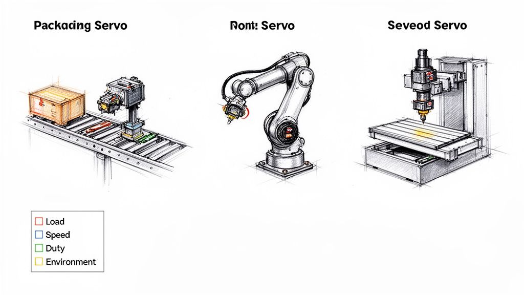 Illustrations of three industrial servo applications: packaging, robotic arm, and CNC machining, with a legend.