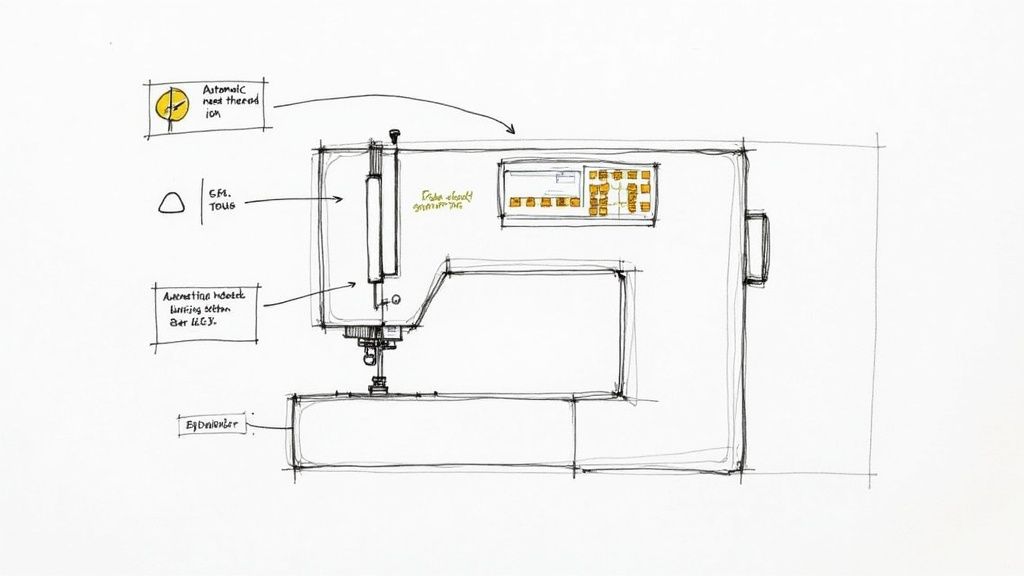 A detailed hand-drawn sketch of a sewing machine with several technical annotations and design features.