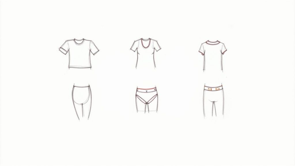 Six detailed line drawings illustrate various t-shirt and underwear styles for garment construction.