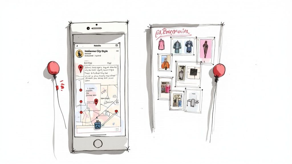 Person scrolling through fashion posts on their smartphone.