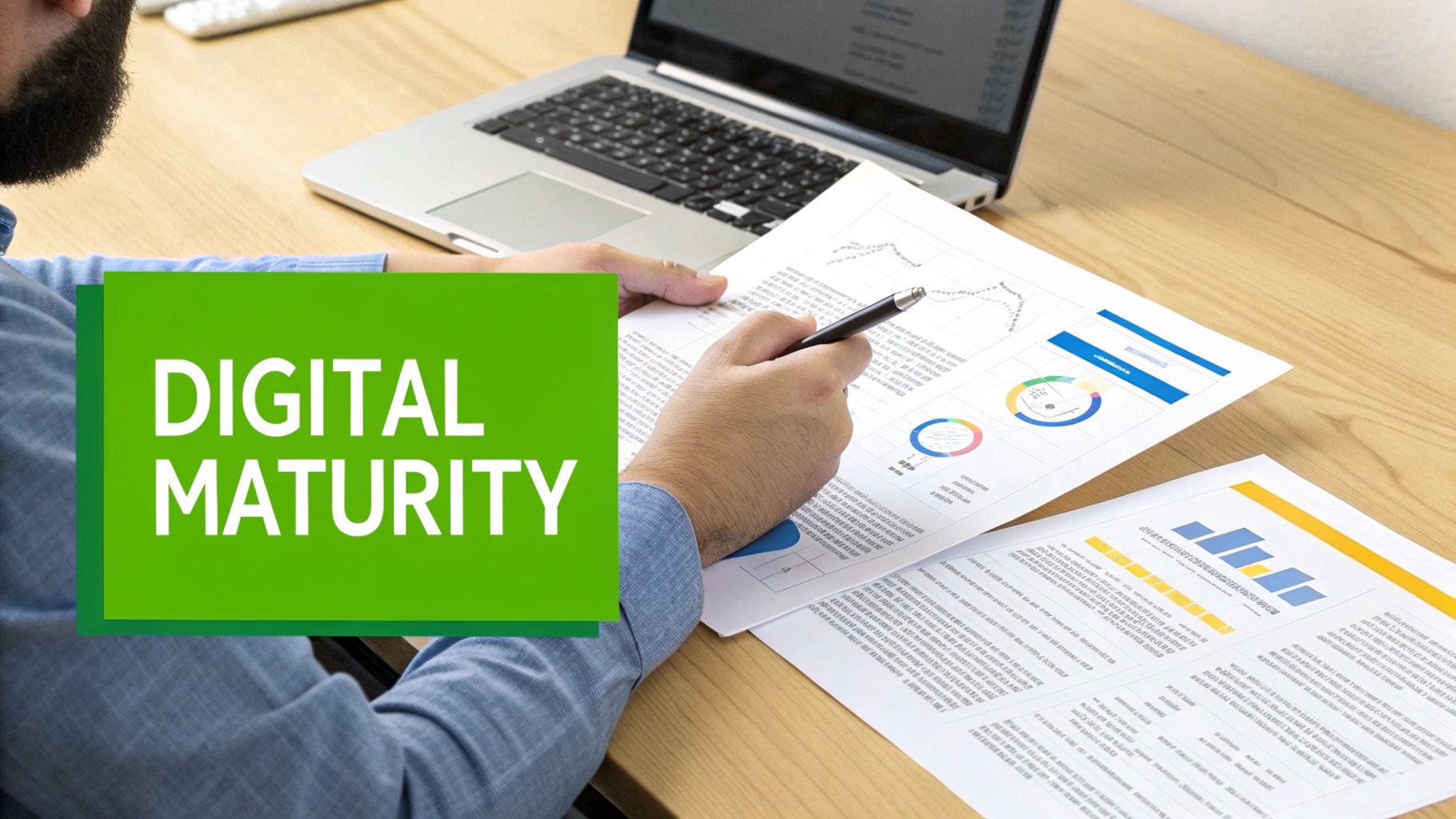 Business professional reviewing digital maturity analytics reports and charts with laptop on desk