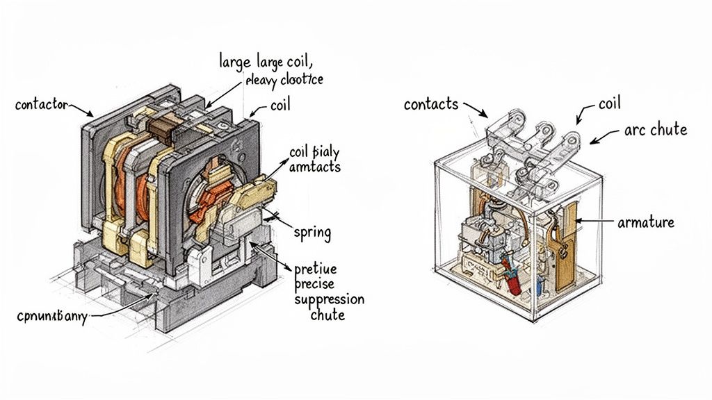 Detailed cutaway diagrams illustrating the internal components and labeled parts of a contactor and a relay.