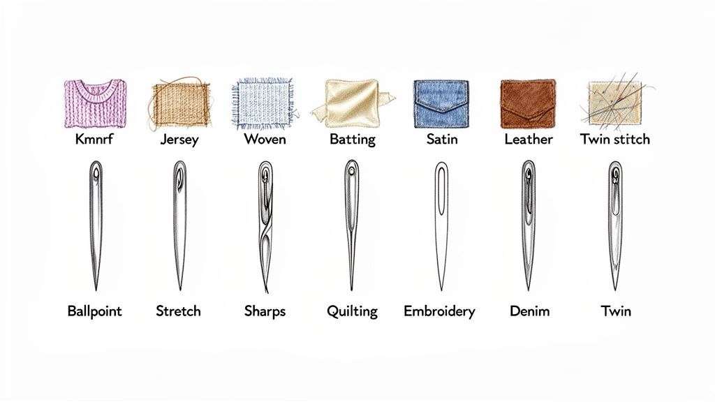 Illustration of various sewing machine needle types and corresponding fabrics for optimal sewing results.