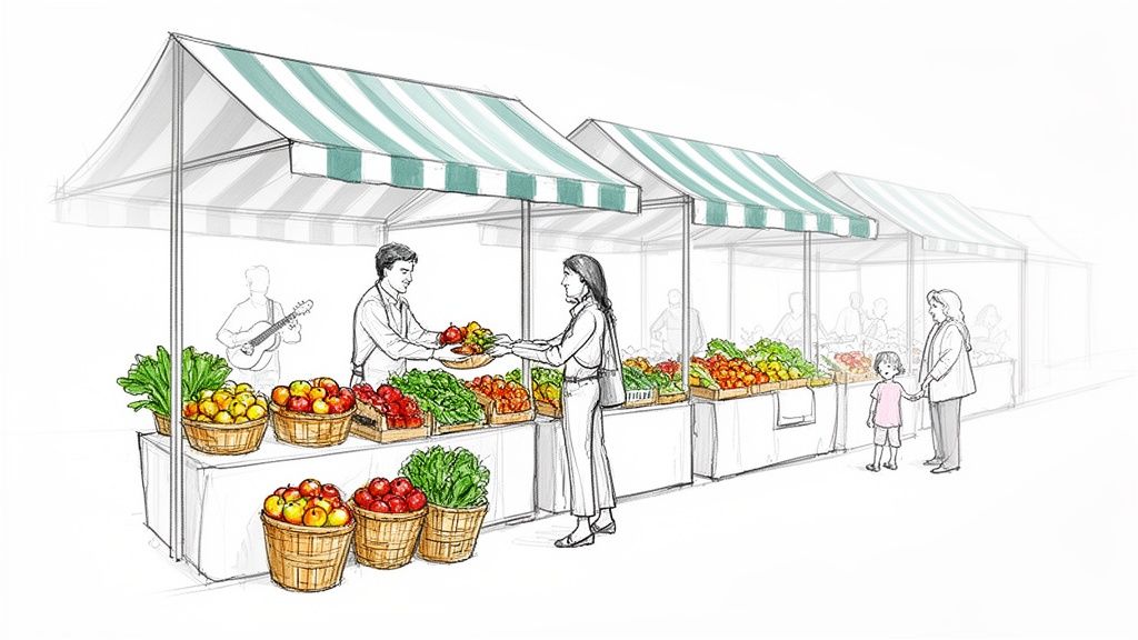 An illustration of an outdoor farmers market with vendors, shoppers, and fresh fruits and vegetables.