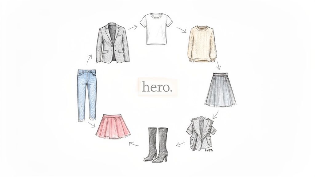 An illustration of a hero capsule wardrobe, showing versatile clothing items like a blazer, jeans, and skirts.