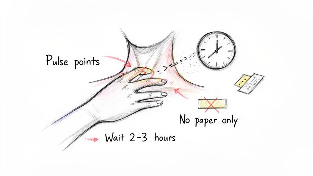 Illustration showing a hand applying fragrance to pulse points on the neck, with reminders about waiting time and avoiding paper.