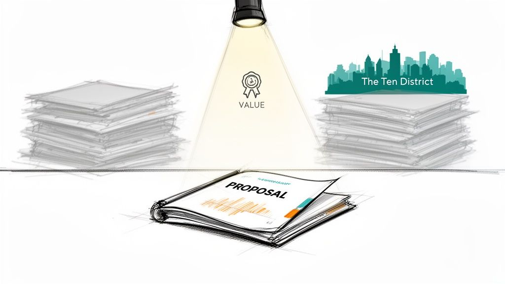 Sketch of a proposal document with highlighted 'VALUE', surrounded by paper stacks and a city skyline.