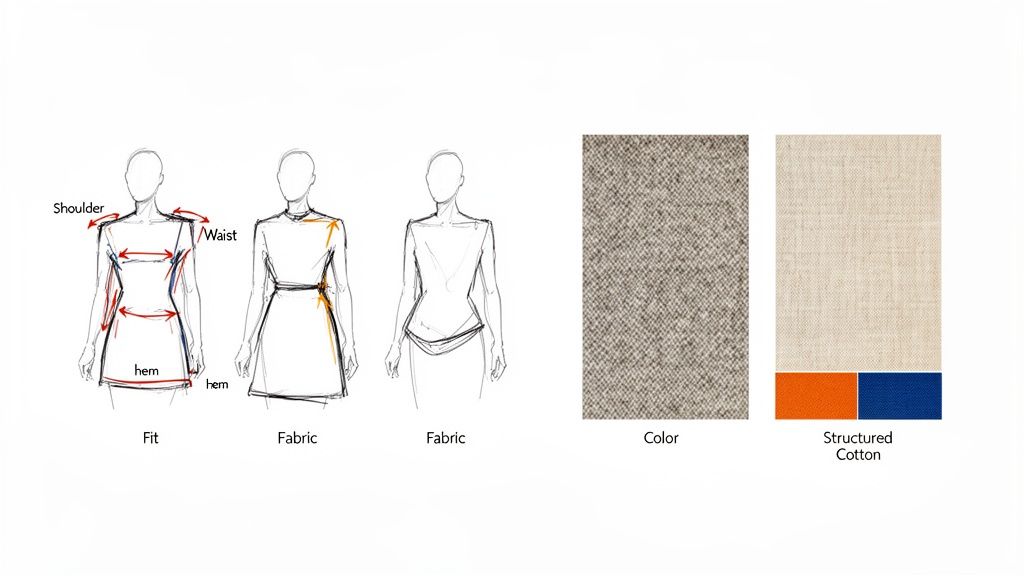 Fashion design sketches illustrating garment fit measurements, fabric applications, and material swatches including color and structured cotton.