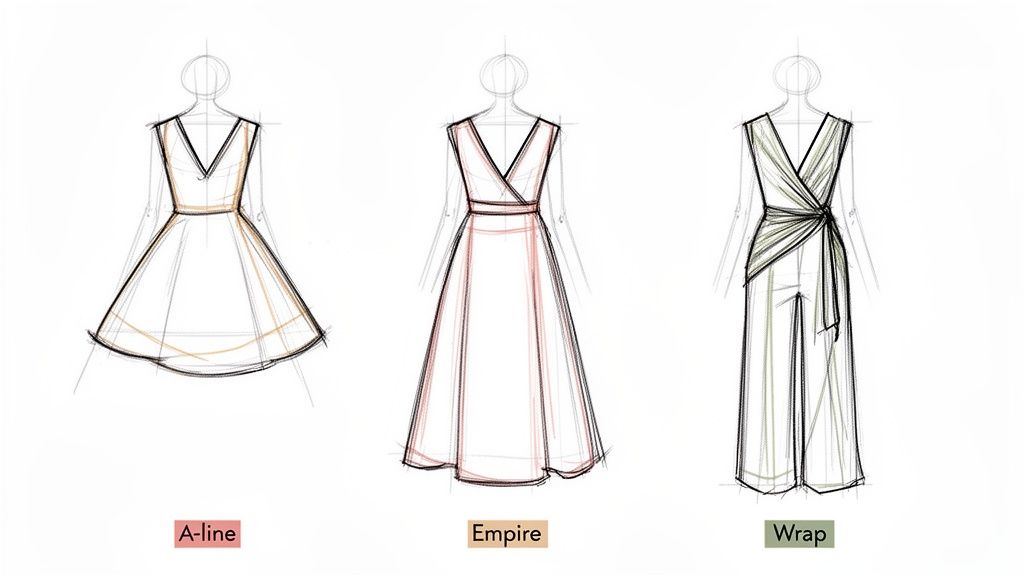Three fashion illustrations showing A-line dress, Empire dress, and Wrap jumpsuit styles.
