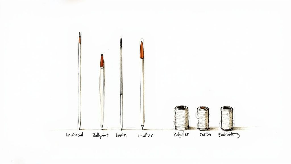 An illustration of various sewing machine needles (universal, ballpoint, denim, leather) and spools of thread (polyester, cotton, embroidery).