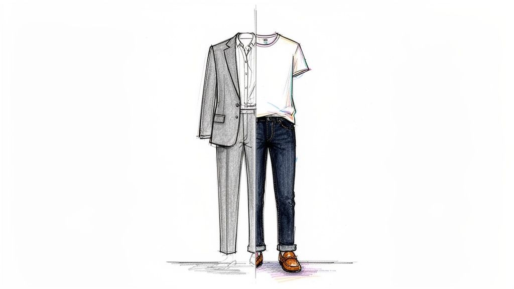 Split illustration contrasting a formal grey suit with a casual white t-shirt, jeans, and loafers.
