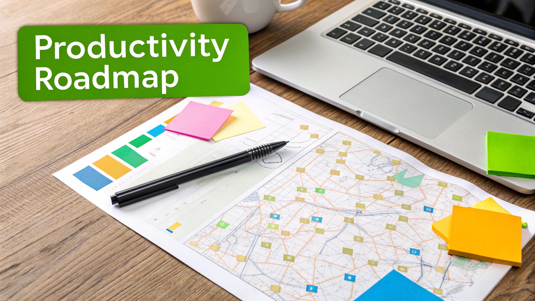 A flat lay of a desk with a laptop, documents, sticky notes, and a 'Productivity Roadmap' banner.